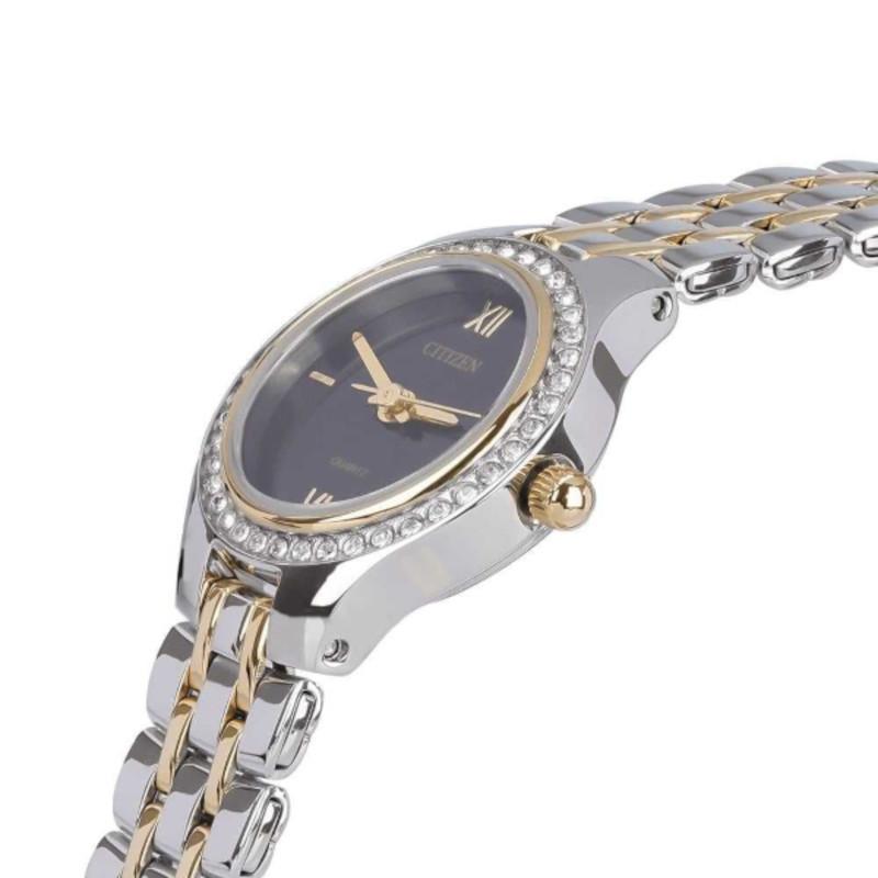 Citizen EJ6144-56E Women's Two Tone Stainless Steel Watch with Black Dial and Crystal Accents, showcasing elegant design and durable materials.